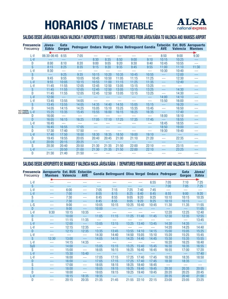 Autobuses Jávea-Valencia, Valencia-Jávea y conexiones de ida y vuelta con el aeropuerto de Manises