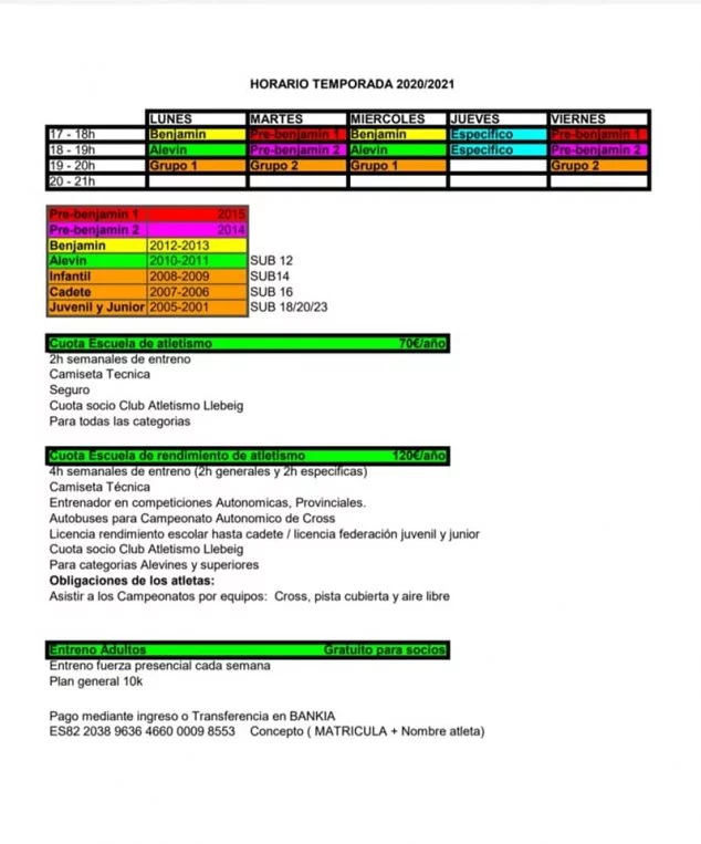 Imagen: Horarios de la escuela de atletismo para la temporada 20-21