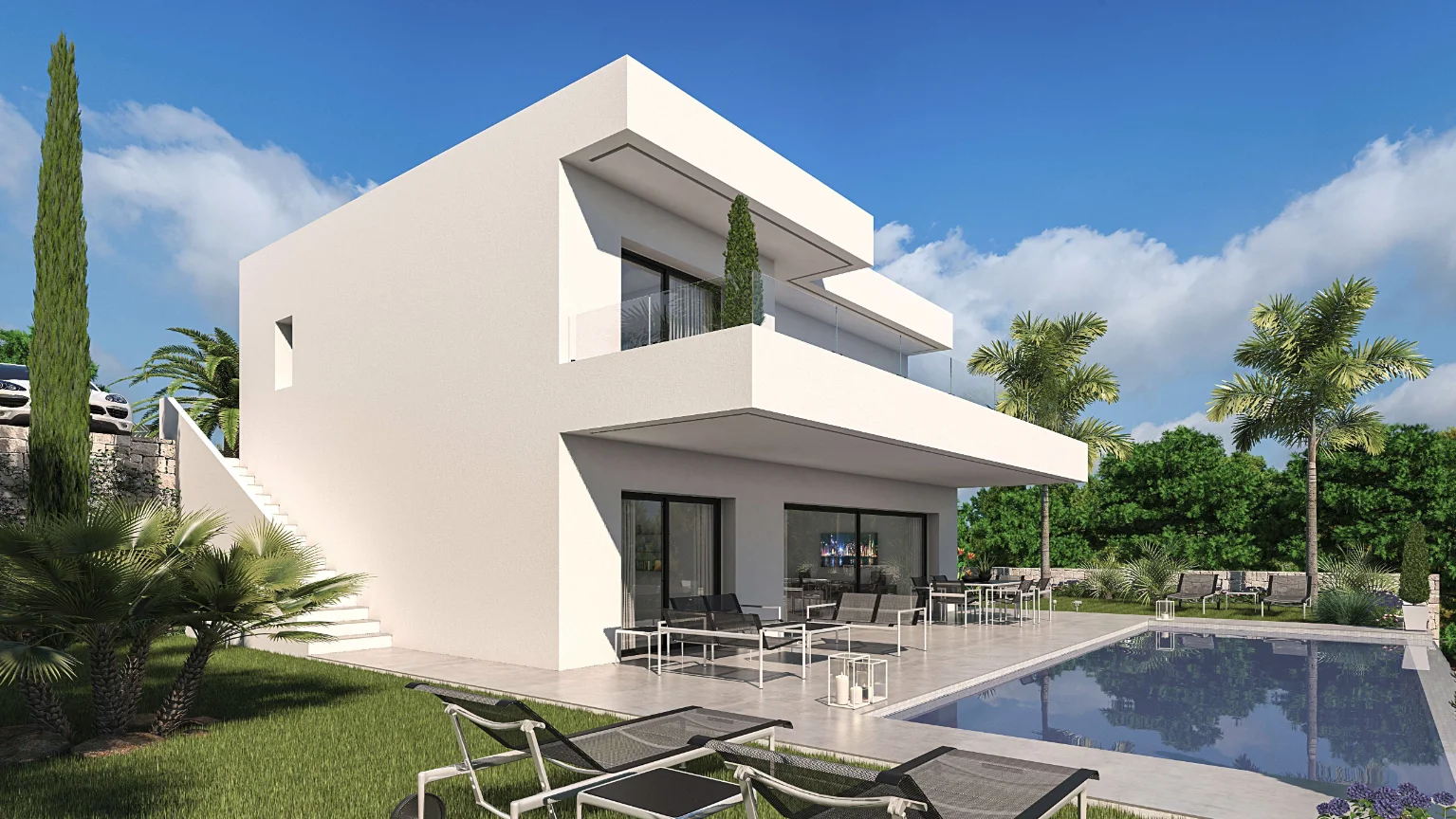 Fachada de la vivienda con piscina y jardín mediterráneo