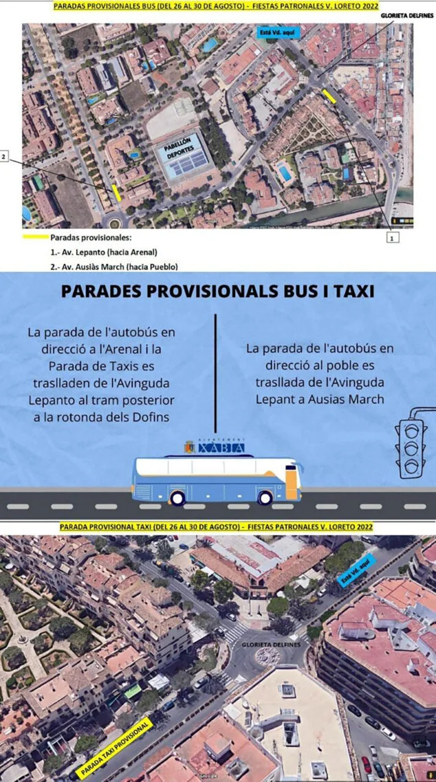 Imagen: Paradas de autobús y taxi provisionales durante las fiestas del Loreto de Xàbia 2022