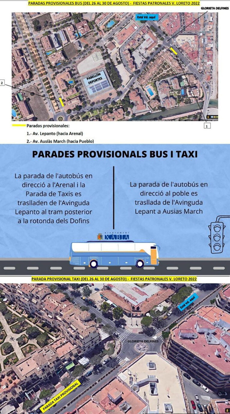 Paradas de autobús y taxi provisionales durante las fiestas del Loreto de Xàbia 2022