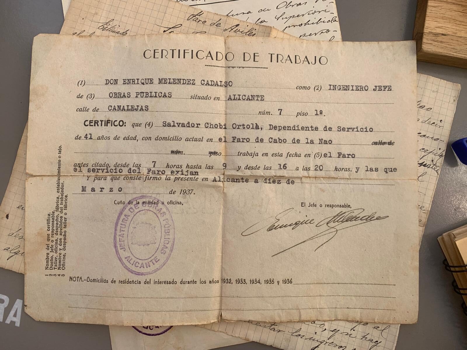 Contrato de trabajo – horario de trabajo del farero en 1937