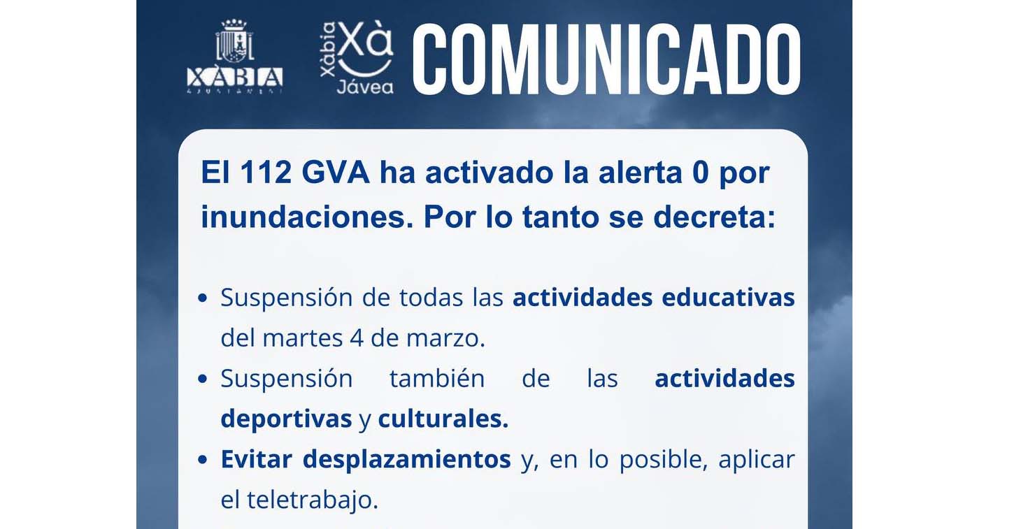 Comunicado sobre suspensión de clases en Xàbia