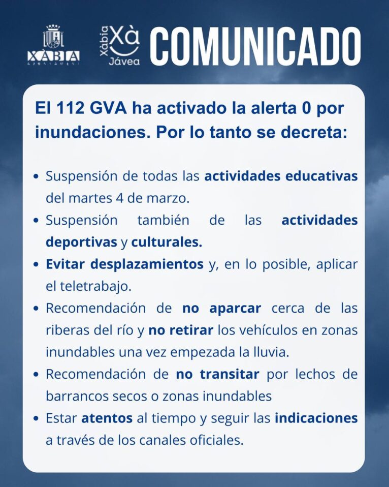 Comunicado sobre suspensión de clases en Xàbia